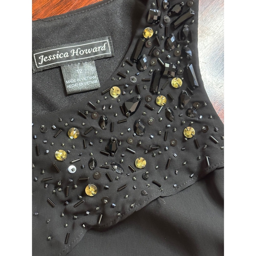 Jessica Howard Womens Tiered Ruffle Party Dress 12 Black Beaded Chiffon Cocktail - Picture 7 of 8